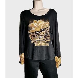 Women's Harley Davidson T-shirt Long Sleeve Sz M Black Rhinestone Floral Graphic